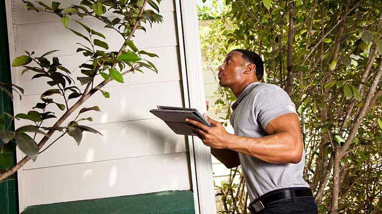 Professional pest control inspector using Sonix Inspect WDI inspection software on tablet during home inspection
